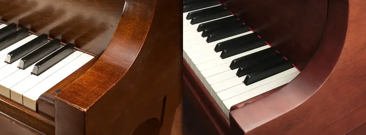 Before and after photo showing piano keys and a wood finish beautifully restored.